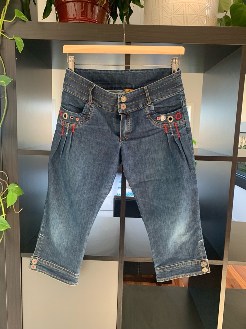 Mayoral Dark Blue Cropped Jeans with Red Stitching & Grommet Accents